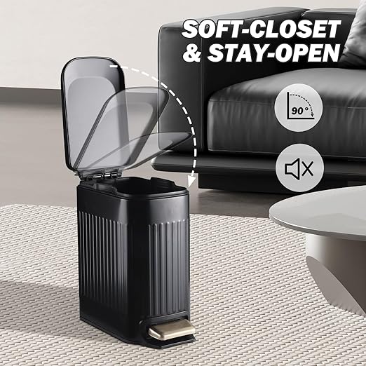 Slim Bathroom Trash Can Foot-Operated Stainless Steel Garbage Can with Soft Close Lid Step Trash Bin with Removable Inner Bucket for Bedroom, Office, Kitchen (Matt Black, 1.8 Gallons)