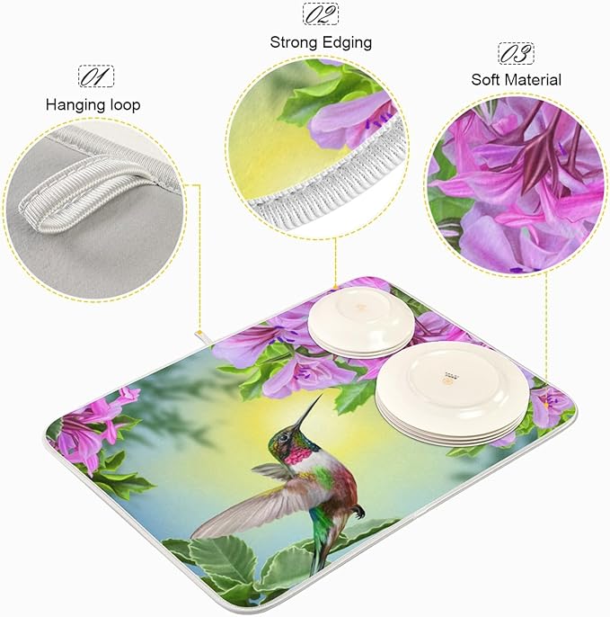Tarity Hummingbird Flowers Dish Drying Mat for Kitchen Counter Absorbent Heat Resistant Microfiber Dishes Drainer Mat 18x24 in Large Dish Pad Sink Mat Protective Pad Kitchen Decor