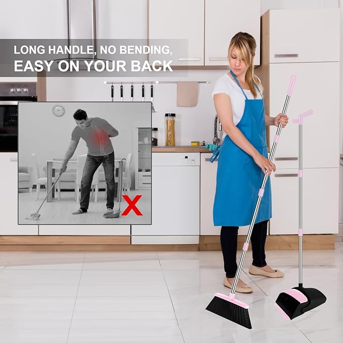 Pink Broom with Dustpan Combo Set, 51" Long Handle Household Kit for Home for Pet Hair