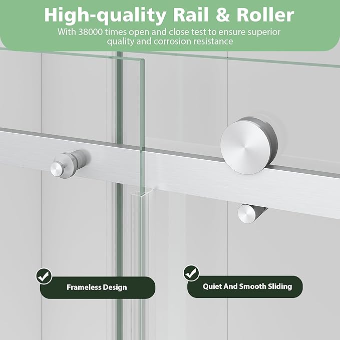 KPUY Frameless Shower Door, 55-60" W x 76" H Sliding Glass Shower Door, 1/4" (6mm) Thick Tempered Clear Glass with Explosion-Proof Film Nano Coating, Brushed Nickle