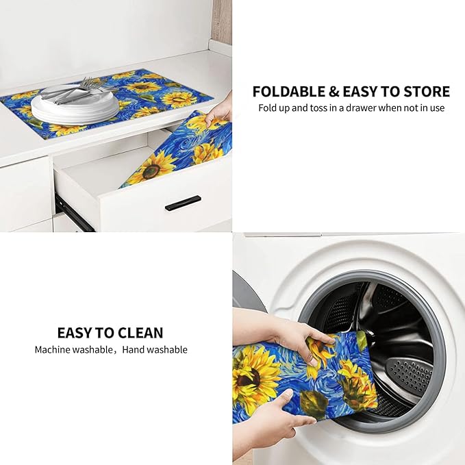 Starry Night Sunflower Blue Dish Drying Mat For Kitchen Counter Absorbent Large Kitchen Fast Dry Pad Reusable Washable Protector Rack Large Mat 18 X 24