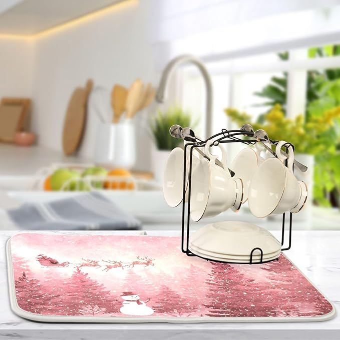 Christmas Forest with Snow Falling Santa Dish Drying Mat for Kitchen Counter Super Absorbent Drying Mat 18x24 inch Large Dish Drying Matts for Countertop Protector Dishes Pad