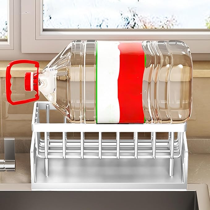 Kitchen Sink Organizer with Drain Tray, Sponge Holder, Brush Storage, Auto-Drying Rack for Dish Soap, Cleaning Tools, Countertop or Sink Caddy for Kitchen Decor