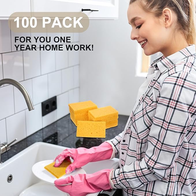 Zhengmy 100 Pieces Sponges Kitchen Compressed Sponges Bulk Natural Dish Sponge Compressed Wood Pulp Cleaning Sponge Without Scratching for Kitchen Bathroom, 3.9 x 2.4 x 0.12 Inch (Yellow)