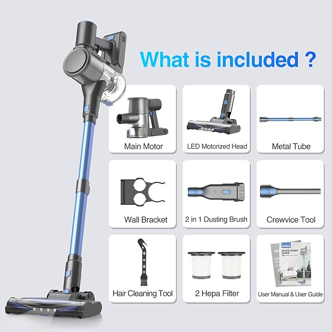 Zefiro Cordless Vacuum Cleaner for Home,550W /48Kpa 50Mins Stick Vacuum,Anti-Tangle 1.5L Dust Cup, Rechargeable Wireless Handheld Vacuum for Pet Hair/Carpet/Floor