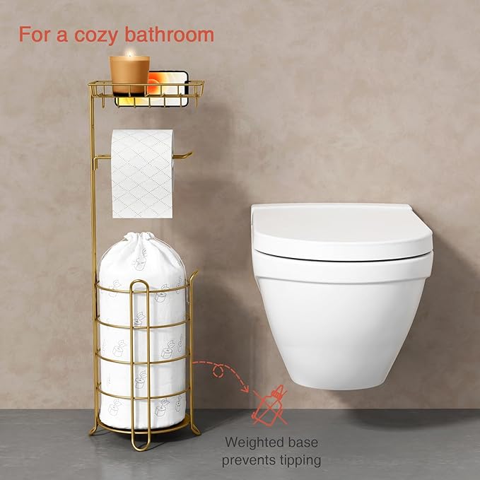 Gold Free Standing Toilet Paper Holder Stand with Phone Shelf, Floor Bathroom Tissue Holder for Large Mega Rolls, Metal Freestanding Toilet Paper Roll Holder with Wipes Storage Tray