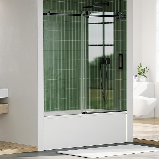 Bathtub Shower Door, 60" W x 59" H Sliding Glass Door with 6mm (1/4") SGCC Tempered Glass & Coating, Matte Black 304 Stainless Steel Top Rail, One Fixed One Sliding Panel