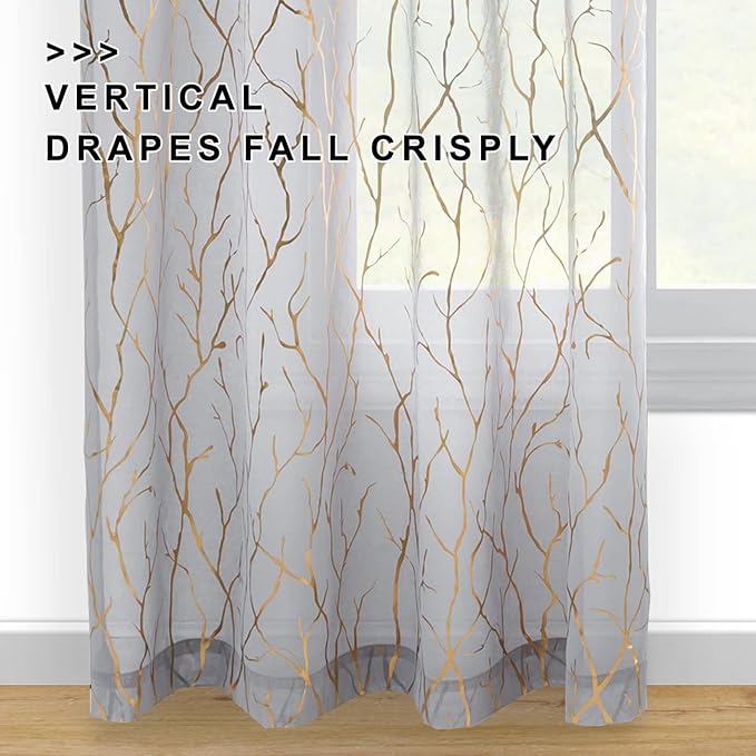 FINECITY Gold Grey Sheer Curtains 84 Inches Long 2 Panels Metallic Gold Foil Tree Branches Patterned Sheer Curtains for Living Room Rod Pocket Privacy Sheer Window Curtains, 52 x 84 Inch