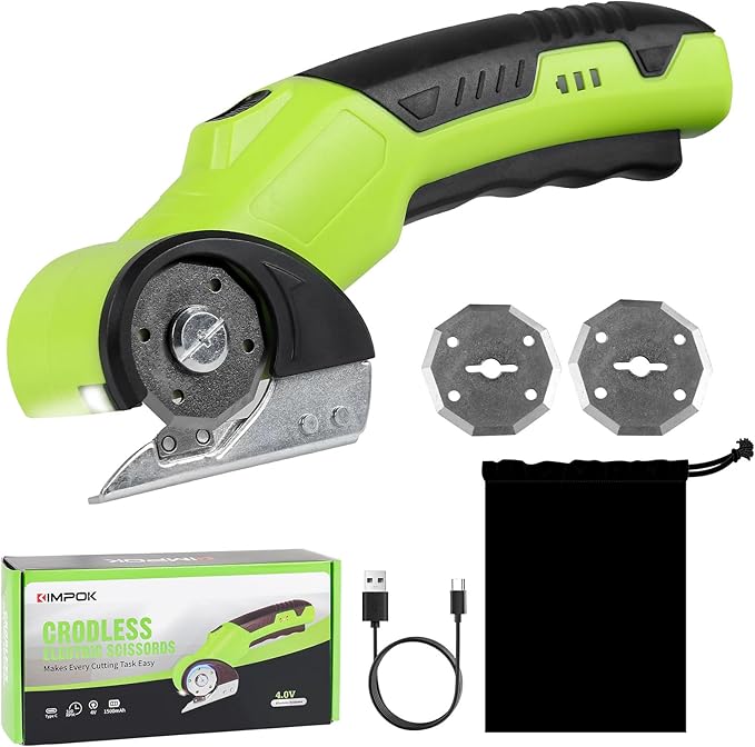 Electric Scissors & Cardboard Cutter, 4V Cordless Power Box Cutter for Recycling - 2000mAh Rechargeable Battery -Rotary Cutter Tool for Fabric, Carpet & Leather -Includes 3 Blades & Storage Bag