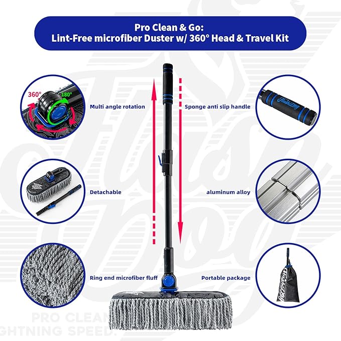 Flash Dog Car Duster Exterior Scratch Free Aluminum Alloy Exterior Handle and Microfiber Hair Waterless Cleaning Brush for Cars, Trucks, SUVs Portable Car Duster