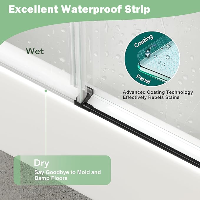 KPUY Frameless Sliding Bathtub Door, 55-60" W x 60" H Tub Shower Door, 1/4" (6mm) Thick Tempered Clear Glass with Explosion-Proof Film Nano Coating, Matte Black