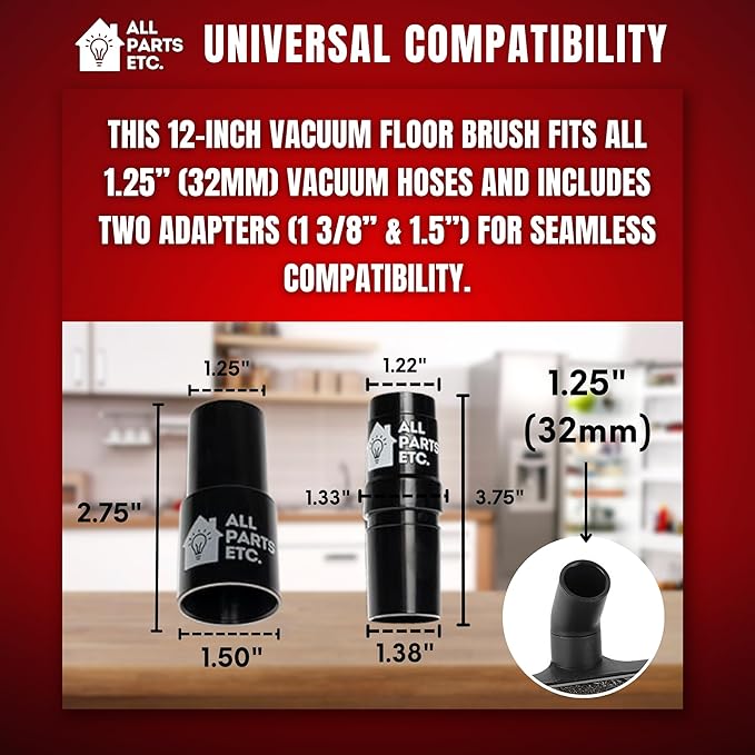 Vacuum Floor Brush Attachment, 12 Inch Brush for 1.25” Vacuum Accessories with Two Adapters for 1 3/8” & 1.5" Compatibility with Shop Vac, Shark, Miele, Bissell, Nutone, & Central Vacs