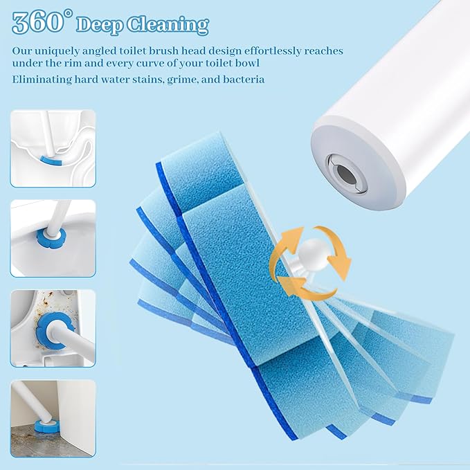Disposable Toilet Brush Set with Holder, Angled Cleaning Wand with 24 Refill Heads, Wall-Mounted Hygienic Toilet Cleaner (Ocean, Lemon, Lavender Scents)