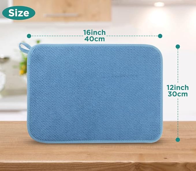 Microfiber Dish Drying Mat, Super Absorbent Kitchen Dish Drying Pad for Easter Day, Reversible Gift Mats for Countertop, 12 * 16 inch Blue