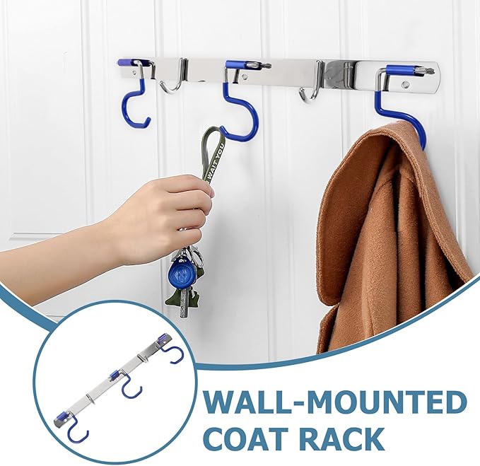 NUOBESTY Stainless Steel Wall Mounted Mop Holder and Towel Storage Hooks Set, 3 Mop Slots with 2 Utility Hooks, No-Drill Installation for Kitchen Bathroom Entryway Organization