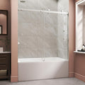 Frameless Bathtub Shower Door, Tub Sliding Door with Nano Coating & Safety Film, 1/4" (6mm) SGCC Tempered Glass，Adjustable 55"-60" W x 60" H, Brushed Nickel