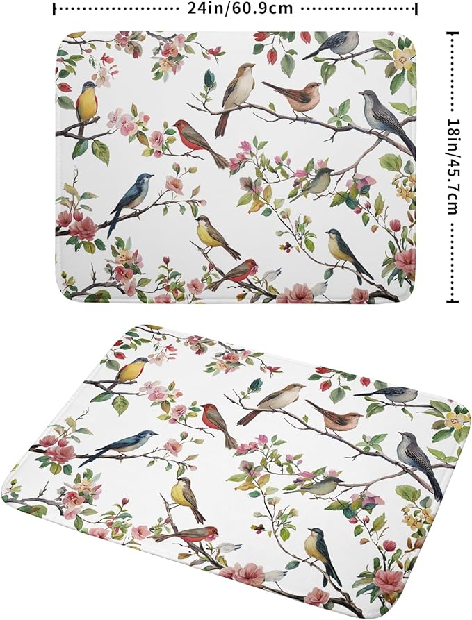 Spring Dish Drying Mat for Kitchen Counter Cute Birds Summer Holiday Microfiber Absorbent Dish Draining Reusable Washable Foldable Extra Large 18"x24"