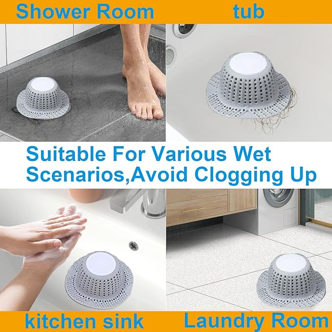 Silicone Shower Drain Hair Catcher for Bathtub - Fits Over Pop-Up Drain Stopper & Flat Drains Easy to Clean (Grey)
