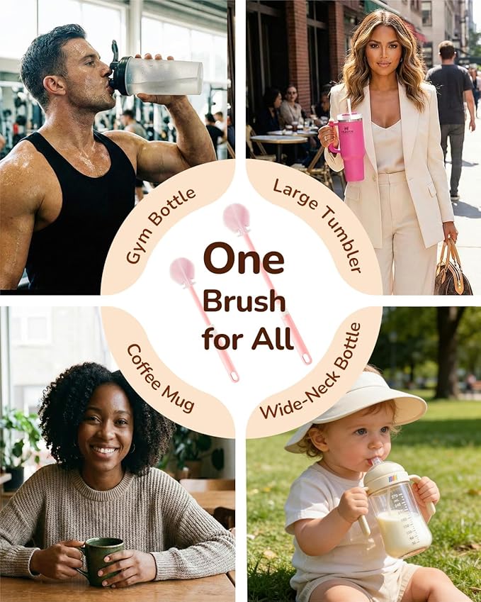 Extendable Bottle Brush with Straw Cleaner Brush, 10.8 to 14 Inches Adjustable Long Handle Water Bottle Scrubber for Cleaning Glasses, Cups, Coffee Mugs, tumblers with Replacement Head, Pink