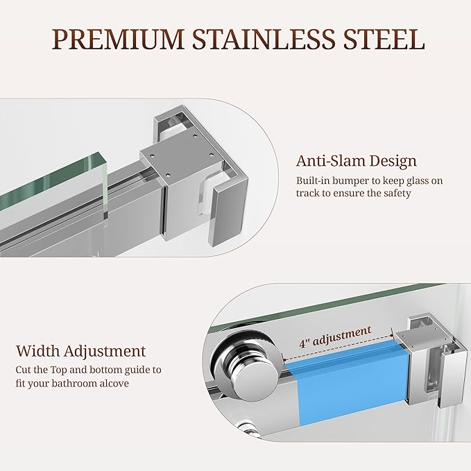 44-49" W x 76" H Frameless Shower Door, Double Sliding Glass Shower Door with 3/8" (10mm) SGCC Tempered Glass, Dual 304 Stainless Towel Bars Bathroom Shower Glass Door (Chrome)