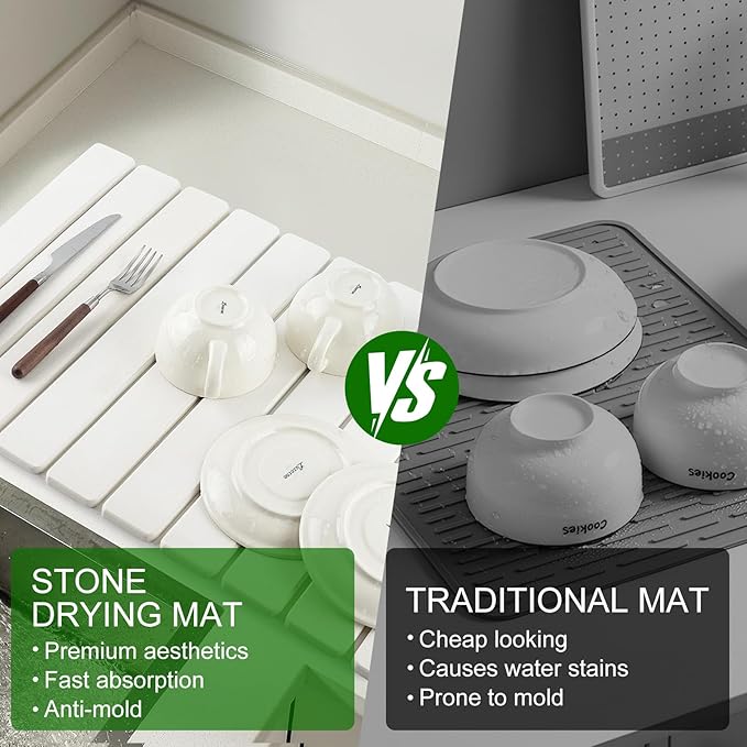 Stone Dish Drying Mat for Kitchen Counter | 24"×16" Diatomaceous Earth Quick-Dry Absorbent Large Dry Mats White
