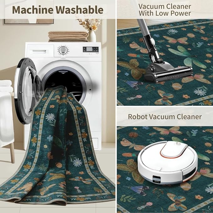 5x7 Washable Area Rugs for Bedroom & Living Room - Insect Rug,Floral Colorful Boho Vintage Rug,Soft & Non-Slip,Low Pile Wool Carpet for Indoor Dining Room,Girls Room,Nursery Room and Kids Room(Teal)