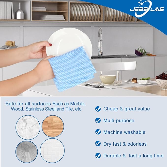 JEBBLAS Cleaning Towels Dish Towels and Dish Cloths Reusable Towels,Handy Cleaning Wipes, Great Dish Towel, Disposable, Absorbent, Dry Quickly 60 Sheets/Pack,Blue