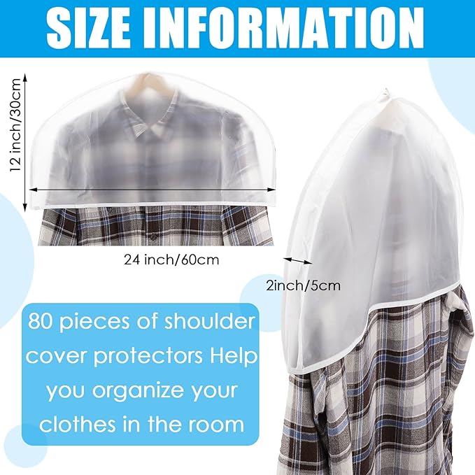 Patelai 80 Pcs 2" Gusseted Shoulder Covers for Hanging Clothes 24" x 12" Plastic Garment Dust Covers Protectors for Closet Storage Suit, Coats, Jackets, Dress Closet Storage(Translucent)