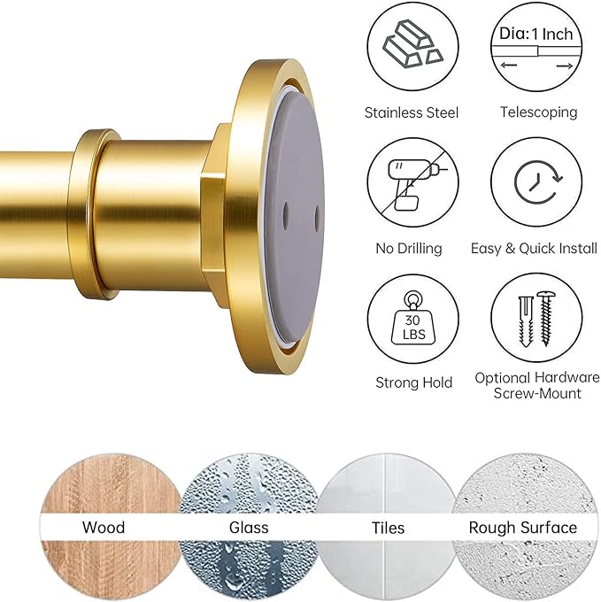 BRIOFOX Industrial Shower Curtain Rod - 2-in-1 Design Tension Curtain Rod - Never Rust Non-Slip 43 to 72 Inch Metal Steel, Gold Window Curtain Rod