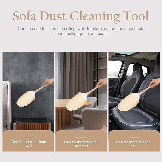 Lambswool Duster Home Dust Sweeper with Handle, Small 22cm Wool Head, Anti-Static Furniture Cleaning Tool for Car Interiors and Household Dust Removal