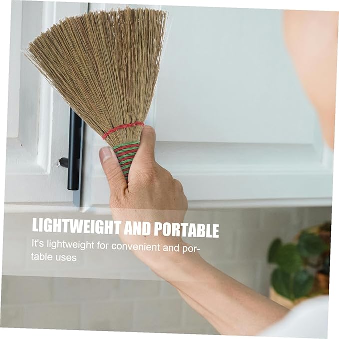 Healifty Natural Miscanthus Mini Broom with Handle Dense Bristles for Dust and Debris Removal Lightweight Portable Household Sweeper for Carpets Beds Floors and Furniture Cleaning
