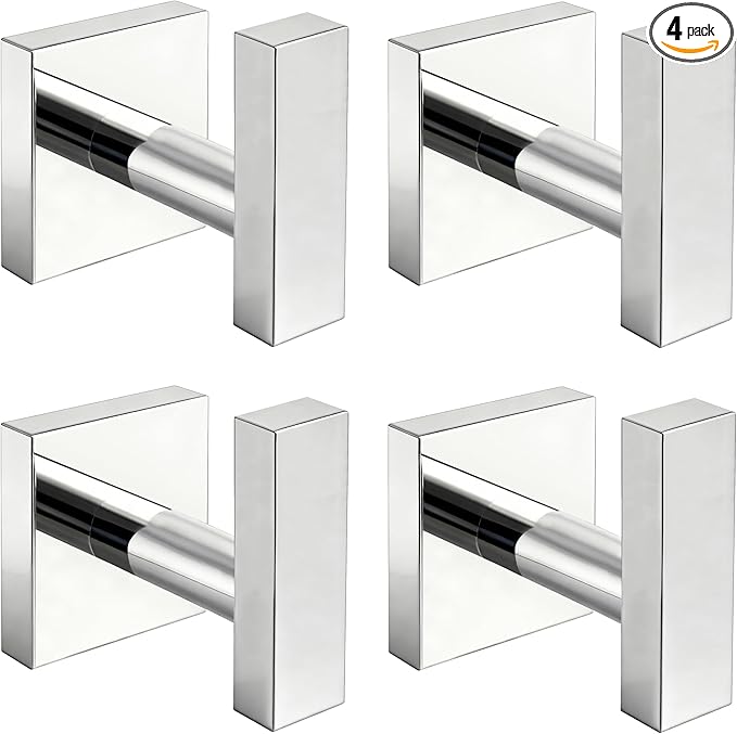 Towel Hooks for Bathrooms, Chrome Polished Towel Hook for Kitchen Bathroom, SUS304 Stainless Steel Coat Hook, Square Heavy Duty Robe Hooks for Hanging Towels, Coats, sponges, Wall Mount, 4 Pack