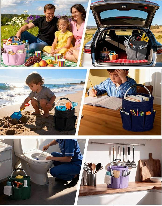 Cleaning Caddy with Handle, Cleaning Products Organiser, Foldable Storage Basket, Large Supply Organiser 17L with 6 Pockets, Portable Cleaning Caddy for Home & Garden (Dark Blue)
