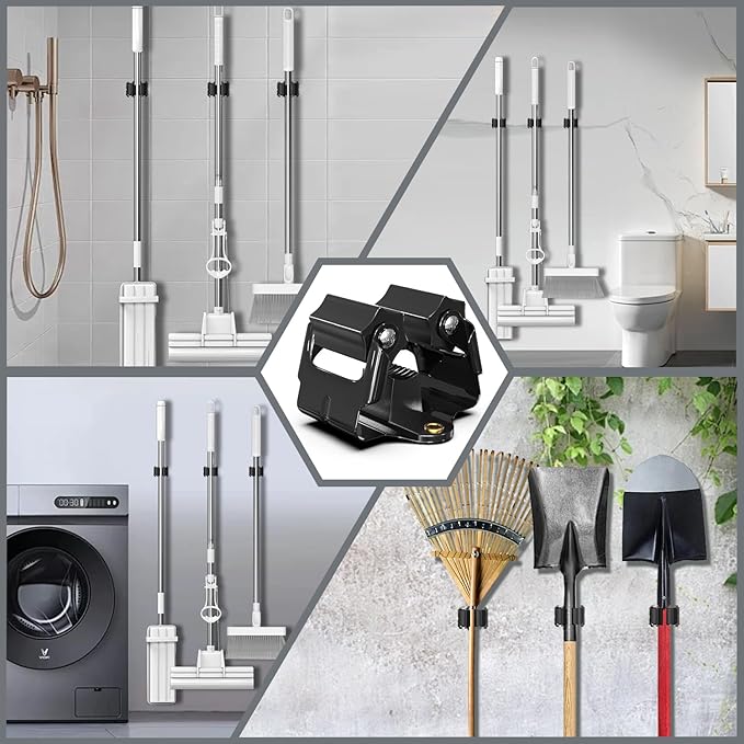 Mop and Broom Holder Big Size Hanging 1KG Extra, 20 Pack, Wall Mount for Organizing Mop Broom in Garden, Laundry Room, Cleaning, Bathroom, Kitchen, Garage (Black)