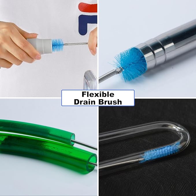 Flexible Long Drain Brush, 66 Inch Double Elastic Ended Nylon Cleaner Pipe Brush, and 2 PCS of 8 Inch Straw Cleaner Brush, Pipe Cleaners Brush Tool Kits (Blue + White)