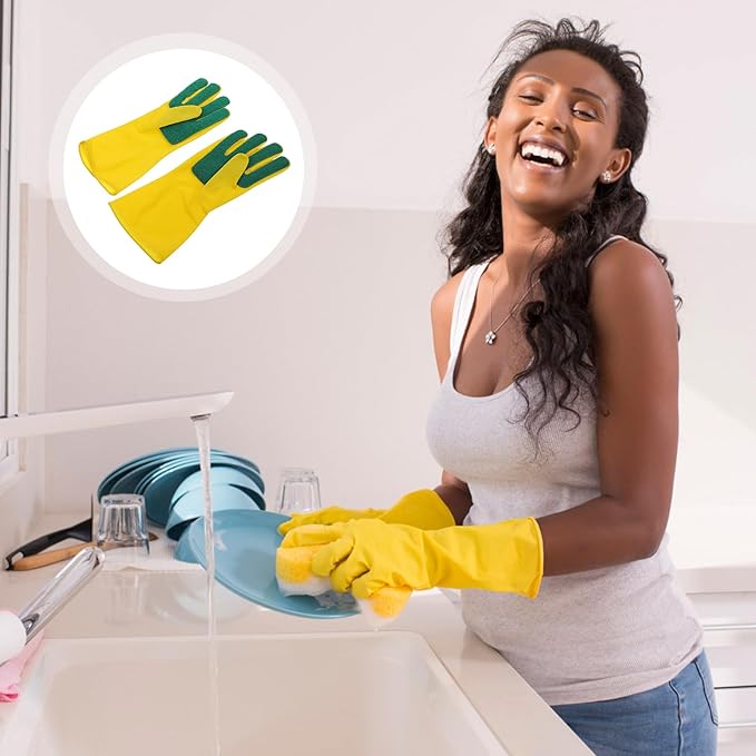 2 Pairs Latex Gloves Kitchen Dishwashing Gloves Kitchen Latex Gardening Scouring Pad