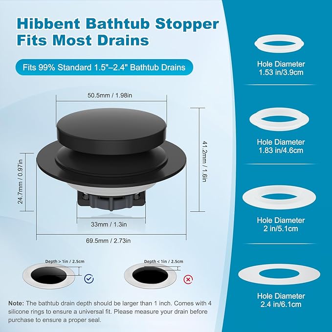 Hibbent 3 in 1 Metal Bathtub Drain Stopper, Universal Pop Up Tub Stopper, Bathtub Drain Hair Catcher, Removable Filter Basket, Drain Plug for 1.5''~2.4'' Drain, Brass Bullet Core, Matte Black