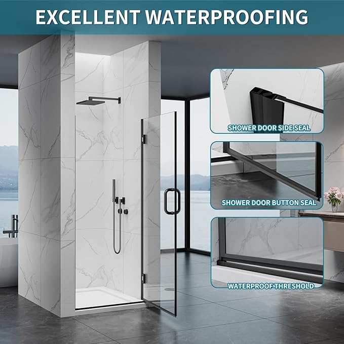 Framelss Single Swing Hinged Shower Door, 28" W x 76" H Pivot Shower Door, 5/16" (8mm) Tempered Glass with Nano Coating, SGCC Certified, Glass Door for Walk-in Shower - L02-28 (Matte Black)