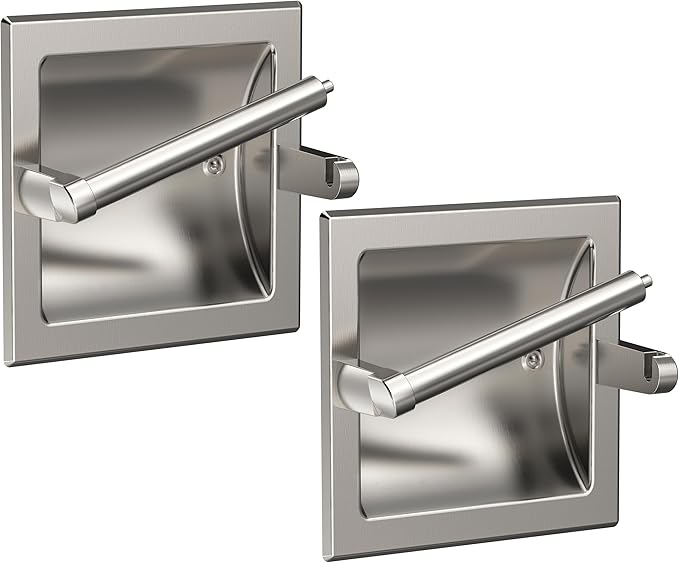 Toilet Paper Holder 2 Pack, Recessed Pivoting Toilet Paper Holder Wall Mount Stainless Steel for Large Rolls in Bathroom (Brushed Nickel)
