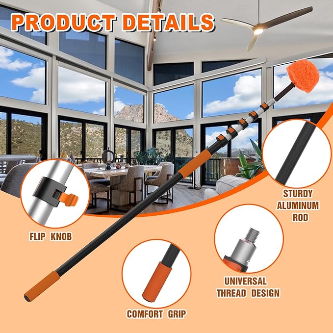 30FT Reach Cobweb Duster with Extension Pole, High Ceiling Long Duster with 5-24FT Telescoping Pole, Spider Web Brush for Indoor Outdoor Use