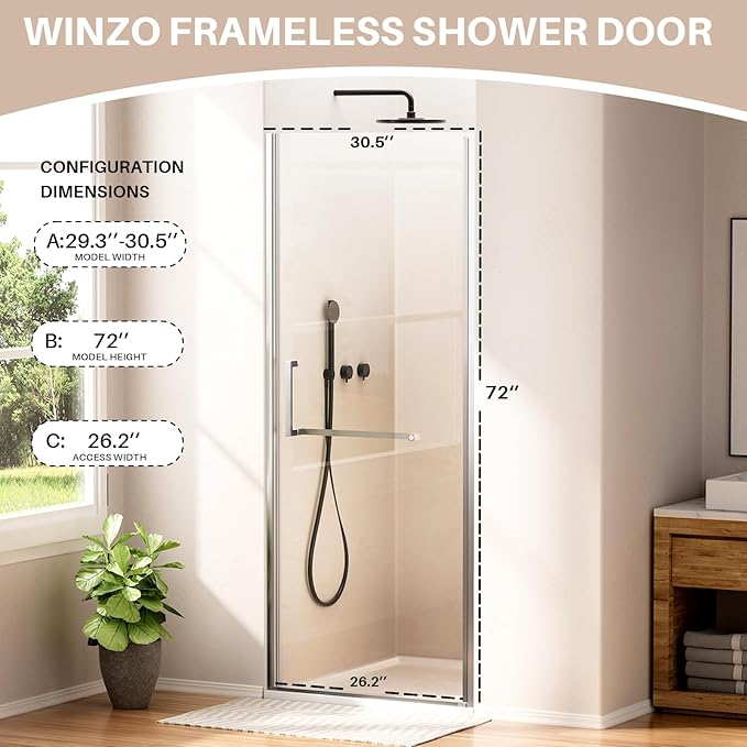 WinZo 29-30" W ×72" H Frameless Pivot Shower Door, Pivot Swing Shower Glass Doors with 1/4"(6mm) SGCC Clear Tempered Glass,Explosion-Proof Film, Reversible Installation, Brushed Nickel