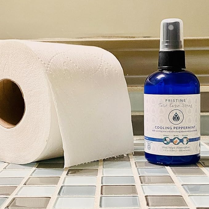 PRISTINE Sprays Toilet Paper Spray, Flushable Wet Wipe Alternative, Cooling Peppermint Scent, 4 oz, 1 oz Travel Size, 32 oz Refill, pH Balanced, Biodegradable