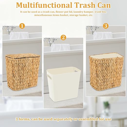 Wicker Trash Can with Lid and Liner, Handwoven Wicker Waste Basket, Water Hyacinth Bathroom Trash Can, Boho Rattan Garbage Wastebasket for Bedroom Home Living Room Office Kitchen, 2.5 Gallon