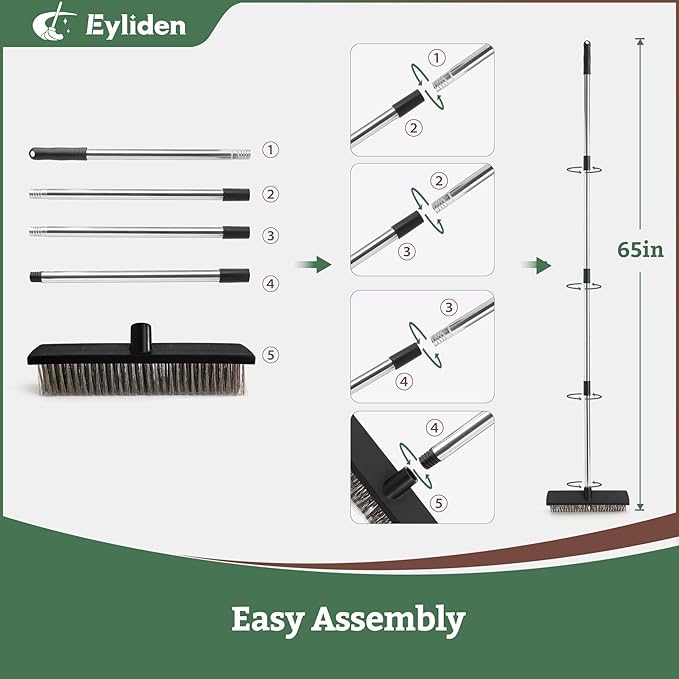 Eyliden Push Broom, Heavy Duty Moss Wire Scrub Brush with Stainless Steel Bristles, 65" Long Handle for Deck, Concrete, Patio Outdoor Cleaning