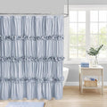 Fog Blue Ruffle Shower Curtain, Vintage Handcrafted Bow Tie Bath Curtain for Master Bathroom, Ruched Microfiber Bathroom Curtain with 12 Buttonholes, 72" W x 72" H (LQ-10)