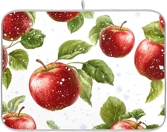 Snowflake with Apple Pattern Dish Drying Mat for Kitchen Counter Super Absorbent Drying Mat 18x24 inch Large Dish Drying Matts for Countertop Protector Dishes Pad