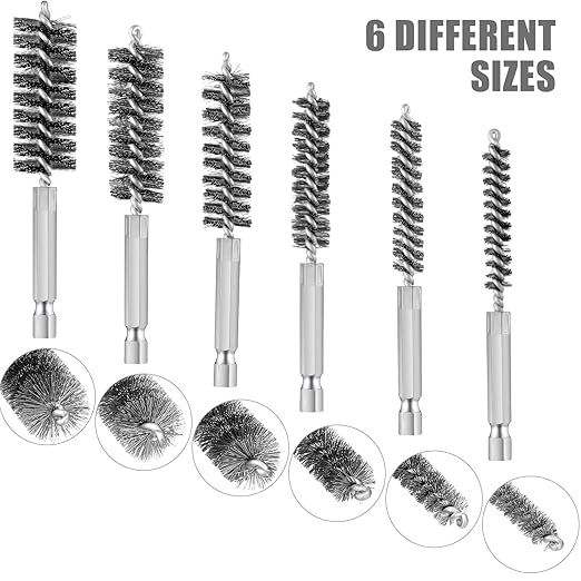 Patelai 6 Pcs Stainless Steel Wire Bore Brush Different Size Twisted Cleaning Brush with Handle 1/4 Inch Hex Shank for Power Drill Impact Driver (8/ 10/ 12/ 15/ 17/ 19 mm)