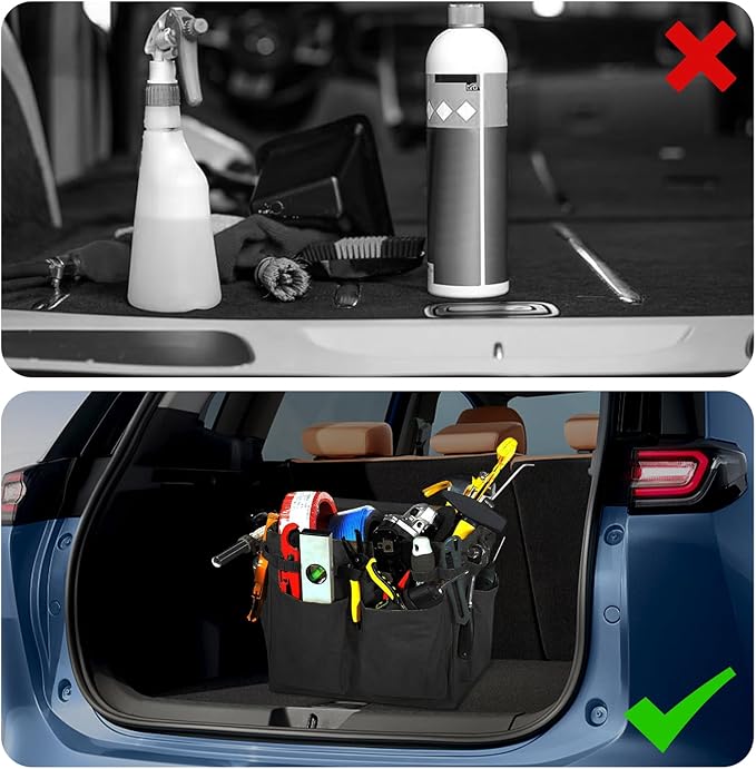 Car Trunk Organizer, Large Capacity Collapsible Tote Wearable Cleaning Caddy Bag w/Adjustable Straps, Multifunctional Vehicle Storage Box for Groceries Tools Cleaning Supplies (Black)