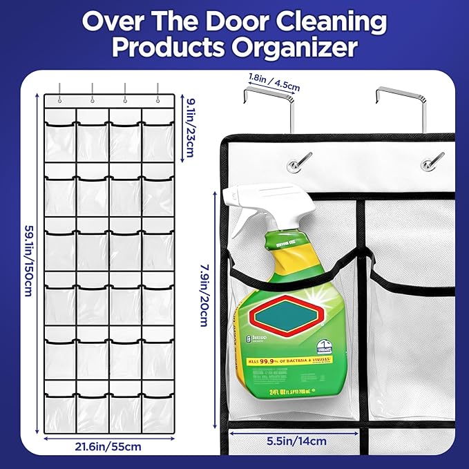Clear Cleaning Supplies Organizer,Cleaning Products 24 Pockets Large Capacity Over The Door All-Purpose Cleaner Holder for Laundry Bathroom Auto Glass Cleaner Organizer for Garage,Spray Bottle Holder