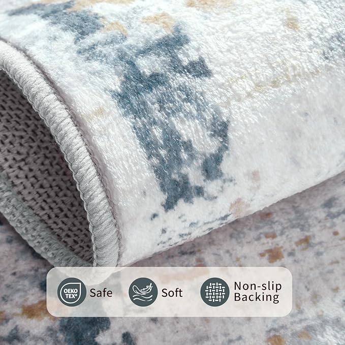 6x9 Washable Area Rug for Living Room, Modern Abstract Large Boho Rugs for Office, Dining Room, Kids Room, Farmhouse, Durable Low Pile Non Slip Carpet for High Traffic Areas, Blue Beige